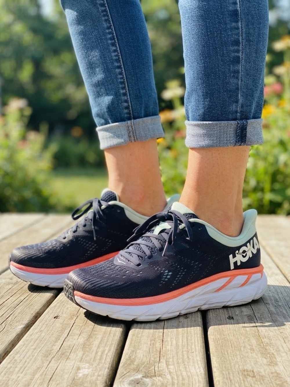 Hoka Women's Running Shoes — Navy with Coral and Mint Trim